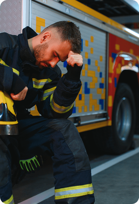 fire fighter holding his head